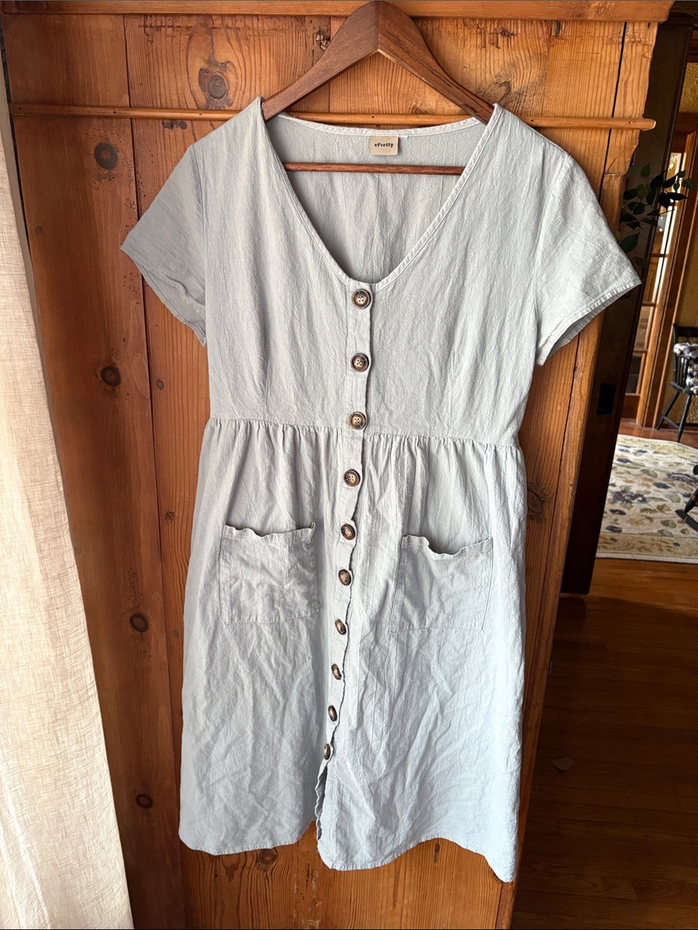 100% Cotton Light Blue Button-Front Cotton Dress with Pockets